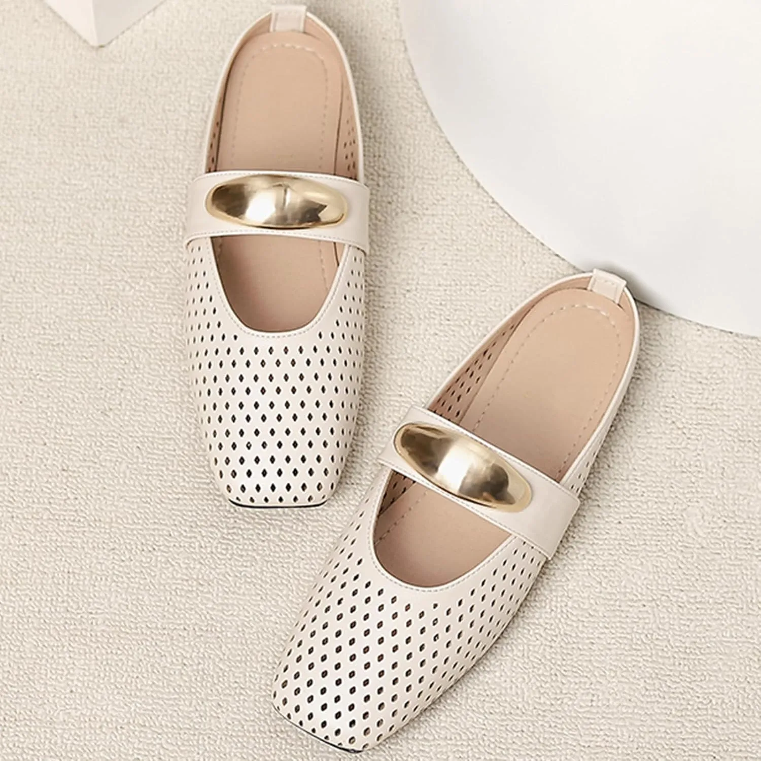 Women's Hollow Leather Flat Mules with Metal Buckle Square Toe Slingback Slip-On Mary Jane Flats Lightweight Comfortable Non-Slip Slippers for Office & Casual Wear