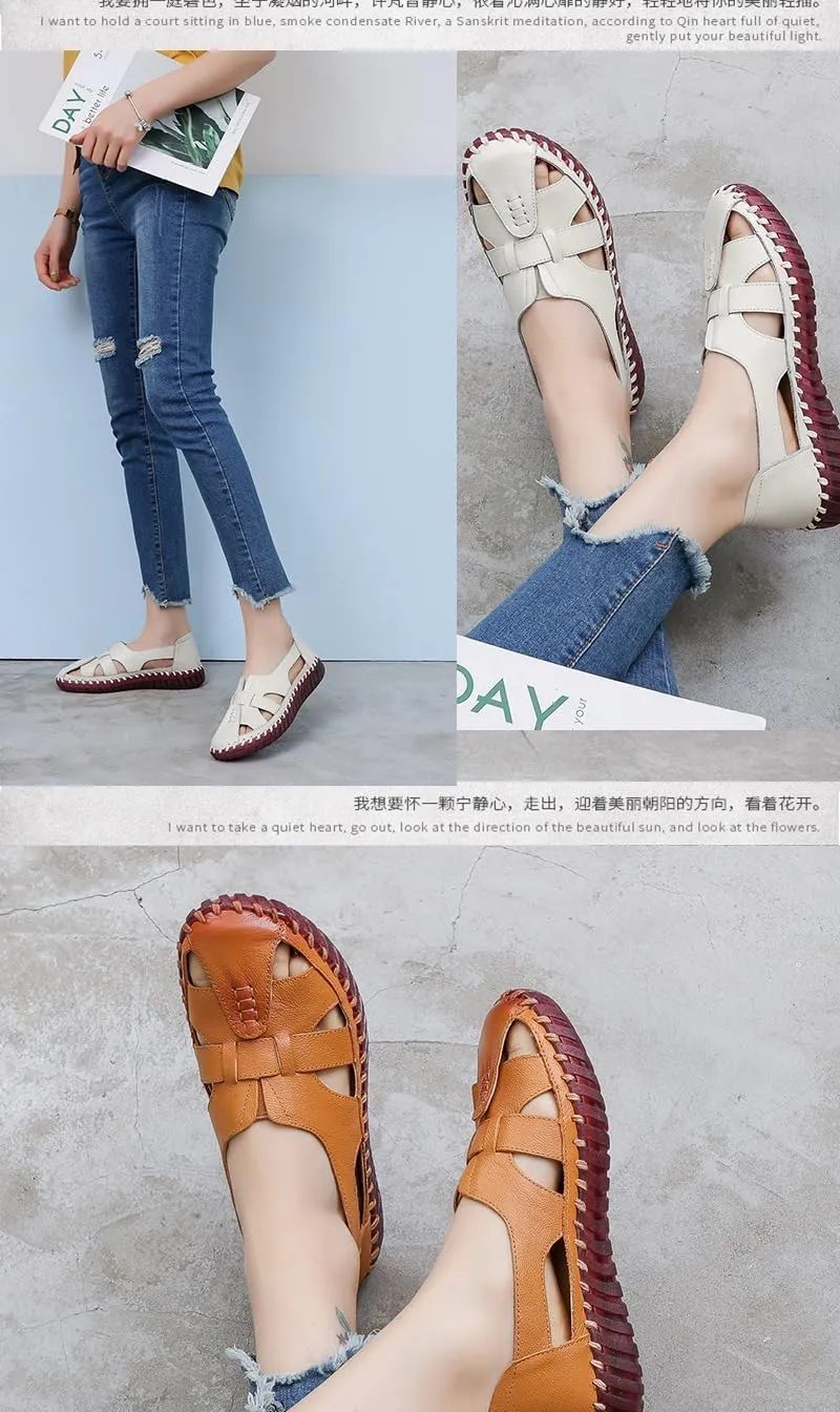 Women'S Hollow Leather Lace Up Flat Loafers,Lightweight Breathable Casual Comfort Non-Slip Walking Shoes Handmade Beef Tendon Soft Sole Mom Nurse Shoes