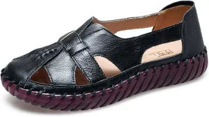 Women'S Hollow Leather Lace Up Flat Loafers,Lightweight Breathable Casual Comfort Non-Slip Walking Shoes Handmade Beef Tendon Soft Sole Mom Nurse Shoes