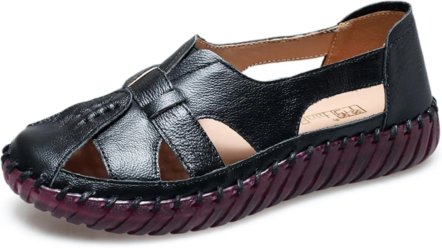 Women'S Hollow Leather Lace Up Flat Loafers,Lightweight Breathable Casual Comfort Non-Slip Walking Shoes Handmade Beef Tendon Soft Sole Mom Nurse Shoes