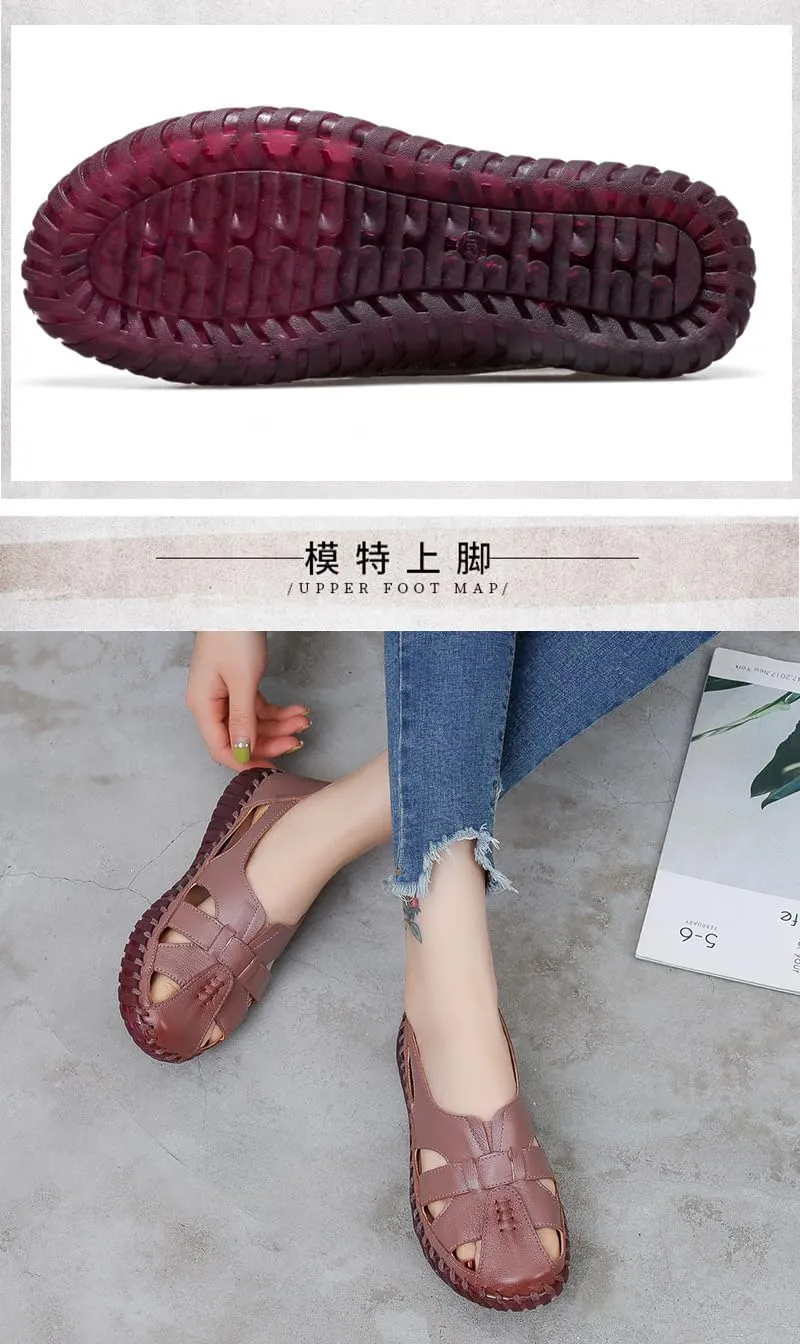 Women'S Hollow Leather Lace Up Flat Loafers,Lightweight Breathable Casual Comfort Non-Slip Walking Shoes Handmade Beef Tendon Soft Sole Mom Nurse Shoes