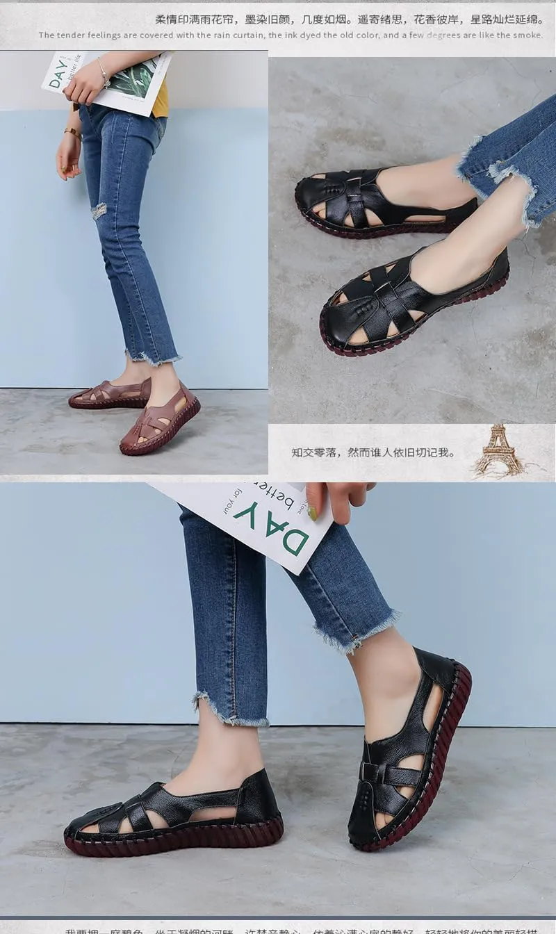 Women'S Hollow Leather Lace Up Flat Loafers,Lightweight Breathable Casual Comfort Non-Slip Walking Shoes Handmade Beef Tendon Soft Sole Mom Nurse Shoes