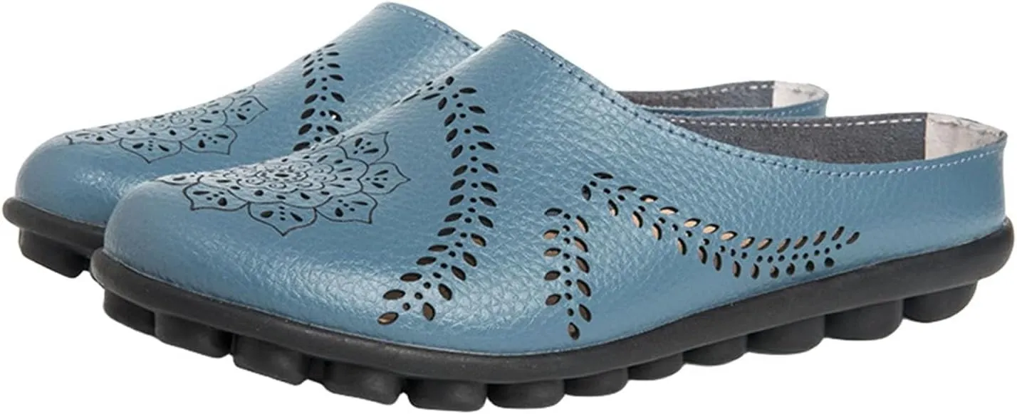 Womens Hollow Out Breathable Mule Sandals Casual Comfortable Closed Toe Sandals Flats Softsole Lightweight Leather Loafer Slippers