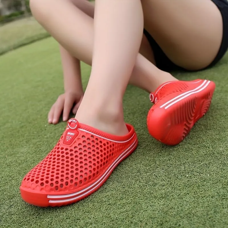 Women's Hollow Out Flat Clogs, Closed Toe Breathable Non Slip Garden Mules, Casual Beach Slide Shoes
