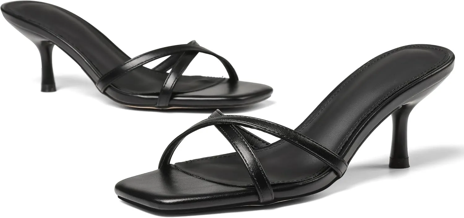 Womens Kitten Heels Open Square Toe Low Heeled Sandals Cross Band Slip on Stiletto Heels Comfort Mules Slides Summer Dress Pumps