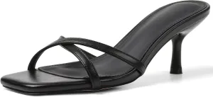 Womens Kitten Heels Open Square Toe Low Heeled Sandals Cross Band Slip on Stiletto Heels Comfort Mules Slides Summer Dress Pumps