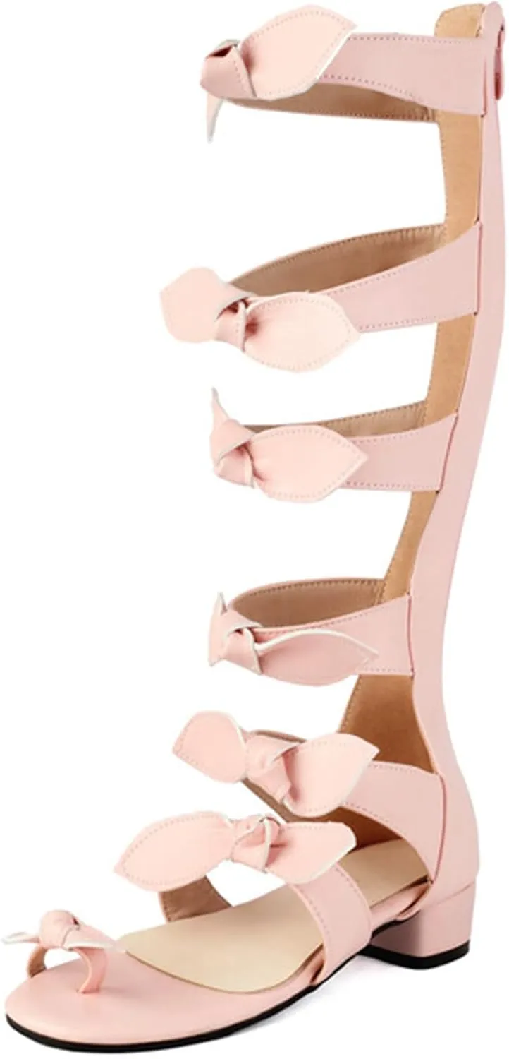 Women's Knee High Strappy Gladiator Sandals Open Toe Chunky Heel Satin Bow Summer Boots Comfortable Low Block Heel Dress Sandals