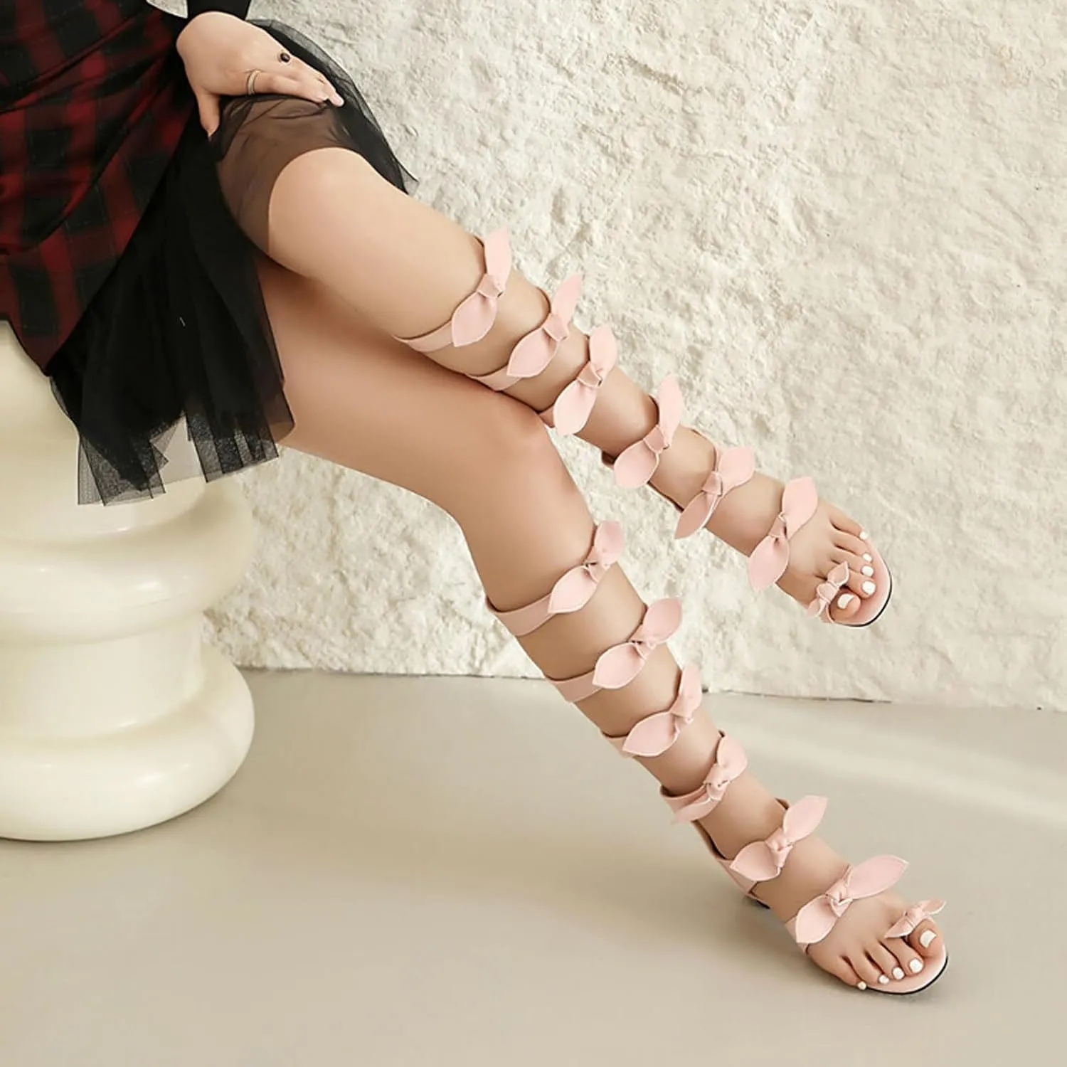 Women's Knee High Strappy Gladiator Sandals Open Toe Chunky Heel Satin Bow Summer Boots Comfortable Low Block Heel Dress Sandals