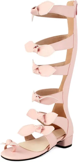 Women's Knee High Strappy Gladiator Sandals Open Toe Chunky Heel Satin Bow Summer Boots Comfortable Low Block Heel Dress Sandals