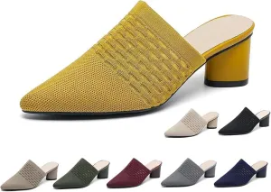 Women’s Knit Closed Pointed Toe Chunky Heel Mules Fashion Mesh Breathable Slingback Slip-on Pumps Sandals