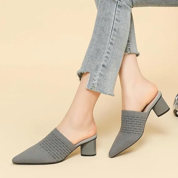 Women’s Knit Closed Pointed Toe Chunky Heel Mules Fashion Mesh Breathable Slingback Slip-on Pumps Sandals