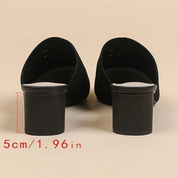 Women’s Knit Closed Pointed Toe Chunky Heel Mules Fashion Mesh Breathable Slingback Slip-on Pumps Sandals