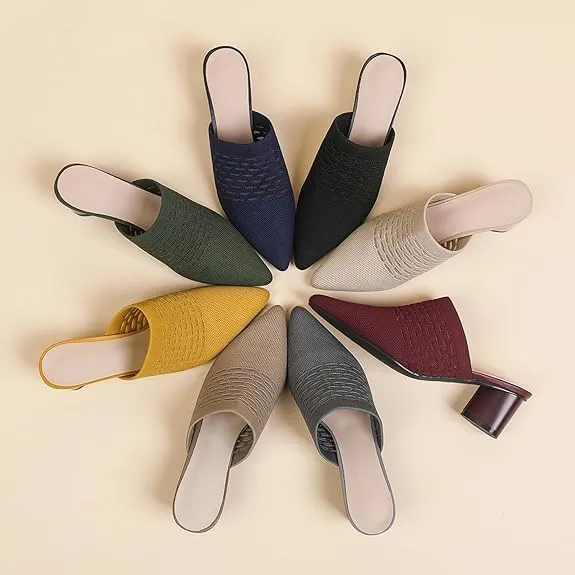 Women’s Knit Closed Pointed Toe Chunky Heel Mules Fashion Mesh Breathable Slingback Slip-on Pumps Sandals