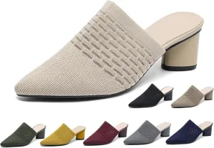 Women’s Knit Closed Pointed Toe Chunky Heel Mules Fashion Mesh Breathable Slingback Slip-on Pumps Sandals