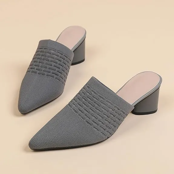 Women’s Knit Closed Pointed Toe Chunky Heel Mules Fashion Mesh Breathable Slingback Slip-on Pumps Sandals