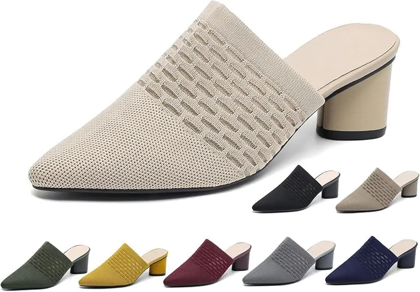 Women’s Knit Closed Pointed Toe Chunky Heel Mules Fashion Mesh Breathable Slingback Slip-on Pumps Sandals