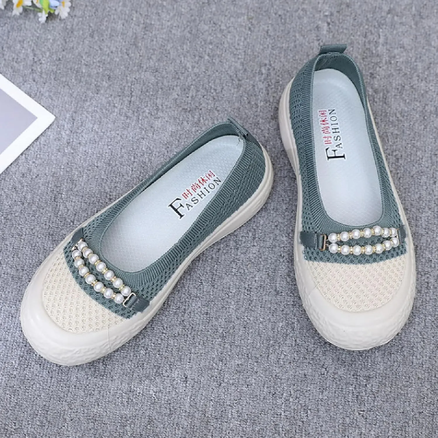 Women's Knit Pearl Platform Loafers Lightweight Comfortable Anti-Collision Round Toe Slip-On Soft Bottom Flat Shoes Casual Walking Mom Shoes
