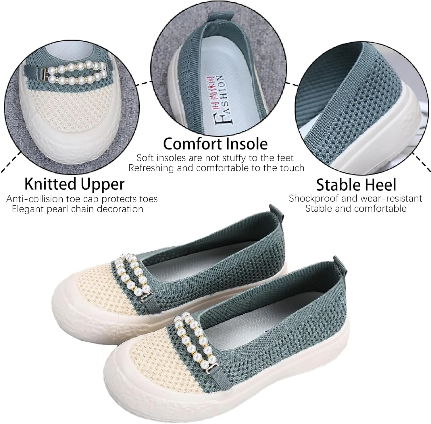 Women's Knit Pearl Platform Loafers Lightweight Comfortable Anti-Collision Round Toe Slip-On Soft Bottom Flat Shoes Casual Walking Mom Shoes