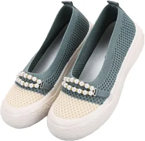 Women's Knit Pearl Platform Loafers Lightweight Comfortable Anti-Collision Round Toe Slip-On Soft Bottom Flat Shoes Casual Walking Mom Shoes