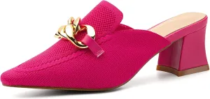 Women's Knit Pointed Toe Chunky Heel Mules, Mousse Fit, Comfortable Slip-On Sandals for Business and Daily Wear