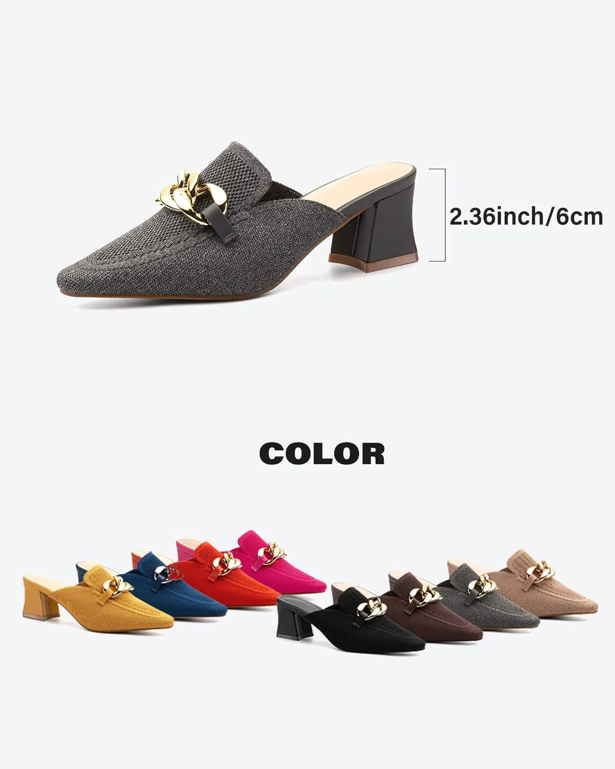 Women's Knit Pointed Toe Chunky Heel Mules, Mousse Fit, Comfortable Slip-On Sandals for Business and Daily Wear
