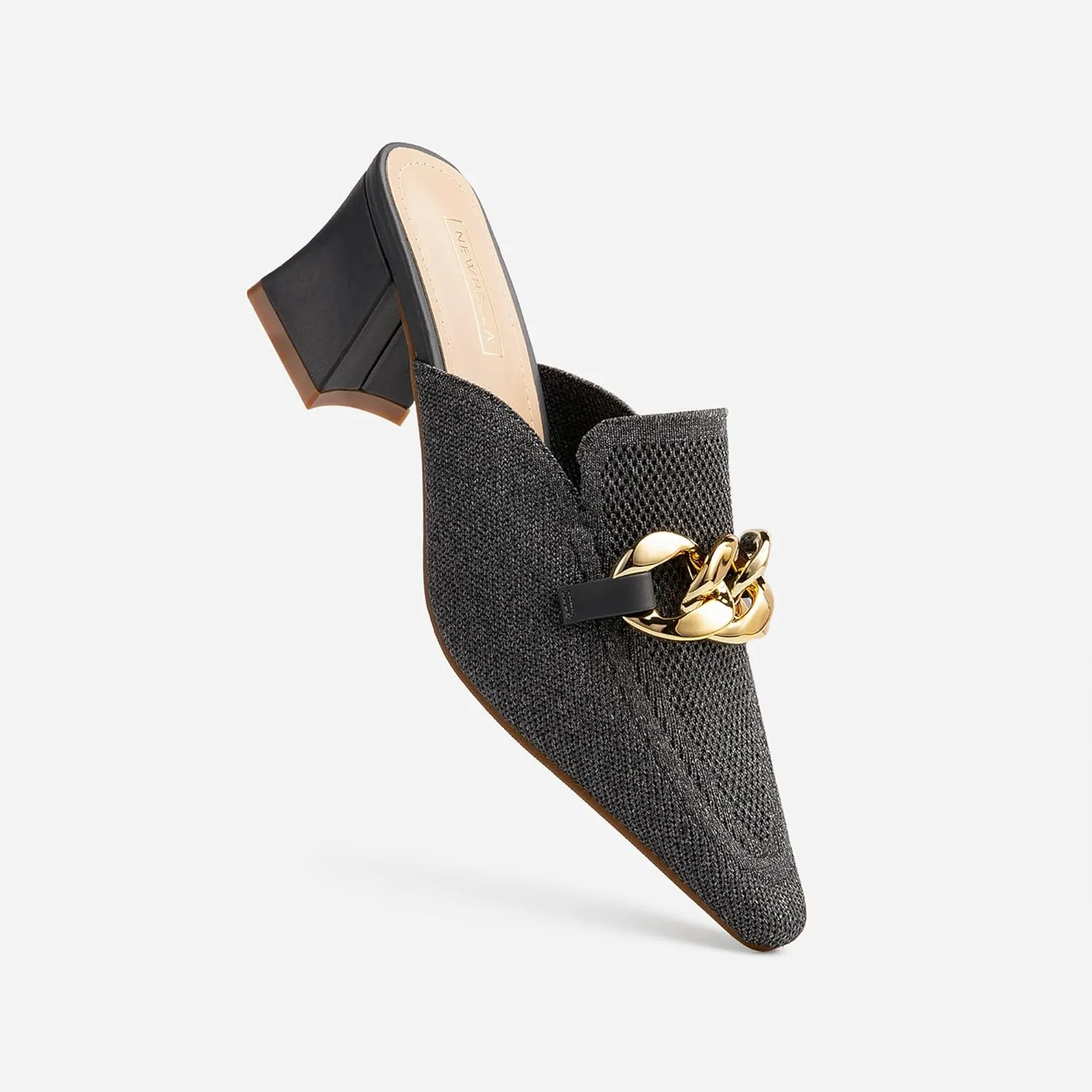 Women's Knit Pointed Toe Chunky Heel Mules, Mousse Fit, Comfortable Slip-On Sandals for Business and Daily Wear