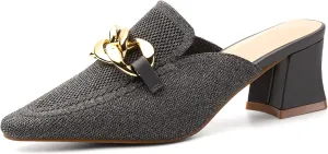 Women's Knit Pointed Toe Chunky Heel Mules, Mousse Fit, Comfortable Slip-On Sandals for Business and Daily Wear