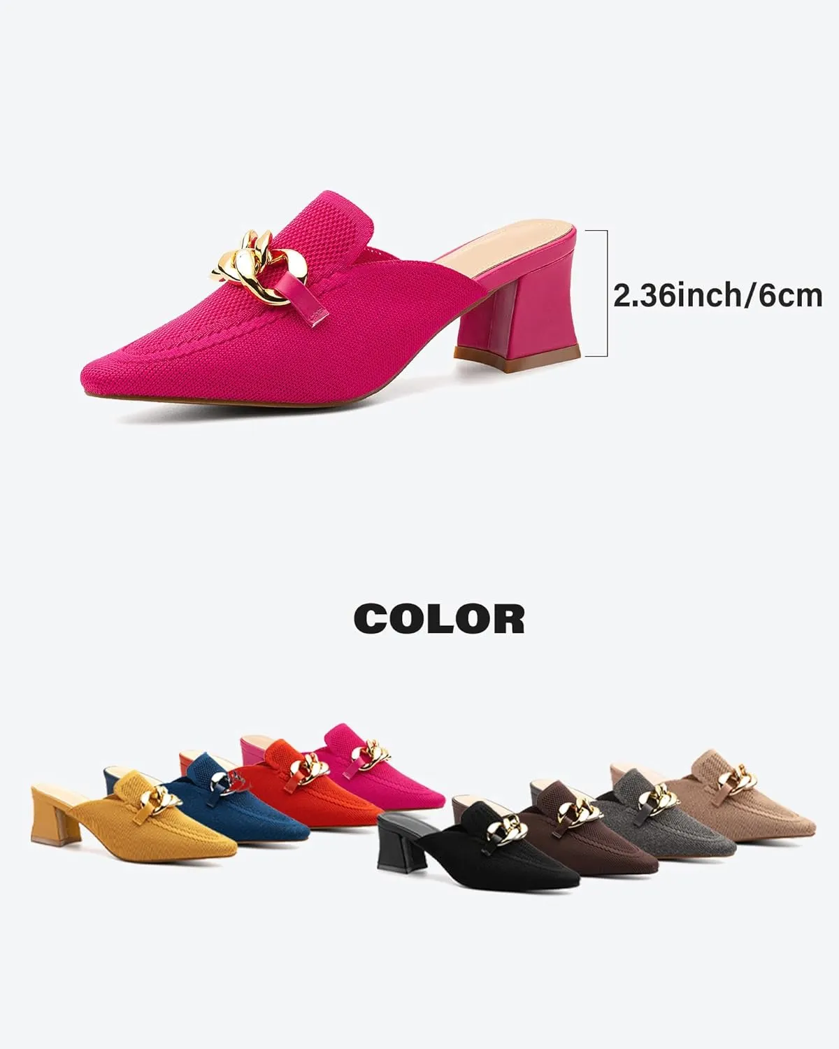 Women's Knit Pointed Toe Chunky Heel Mules, Mousse Fit, Comfortable Slip-On Sandals for Business and Daily Wear