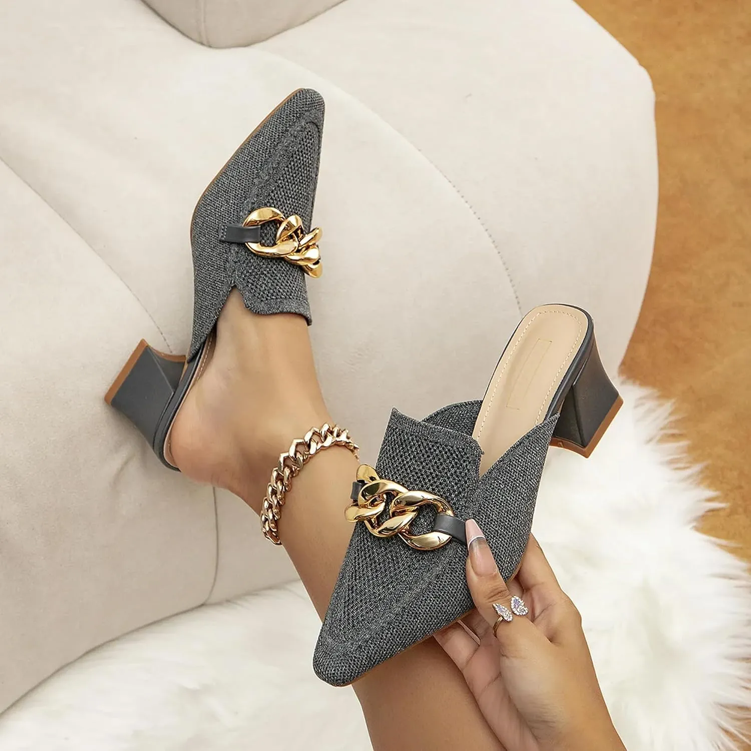 Women's Knit Pointed Toe Chunky Heel Mules, Mousse Fit, Comfortable Slip-On Sandals for Business and Daily Wear