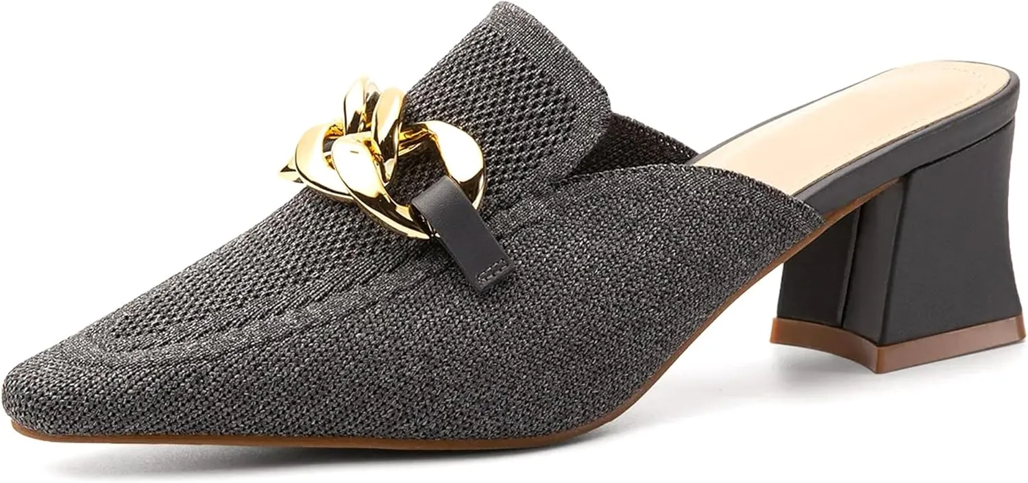 Women's Knit Pointed Toe Chunky Heel Mules, Mousse Fit, Comfortable Slip-On Sandals for Business and Daily Wear