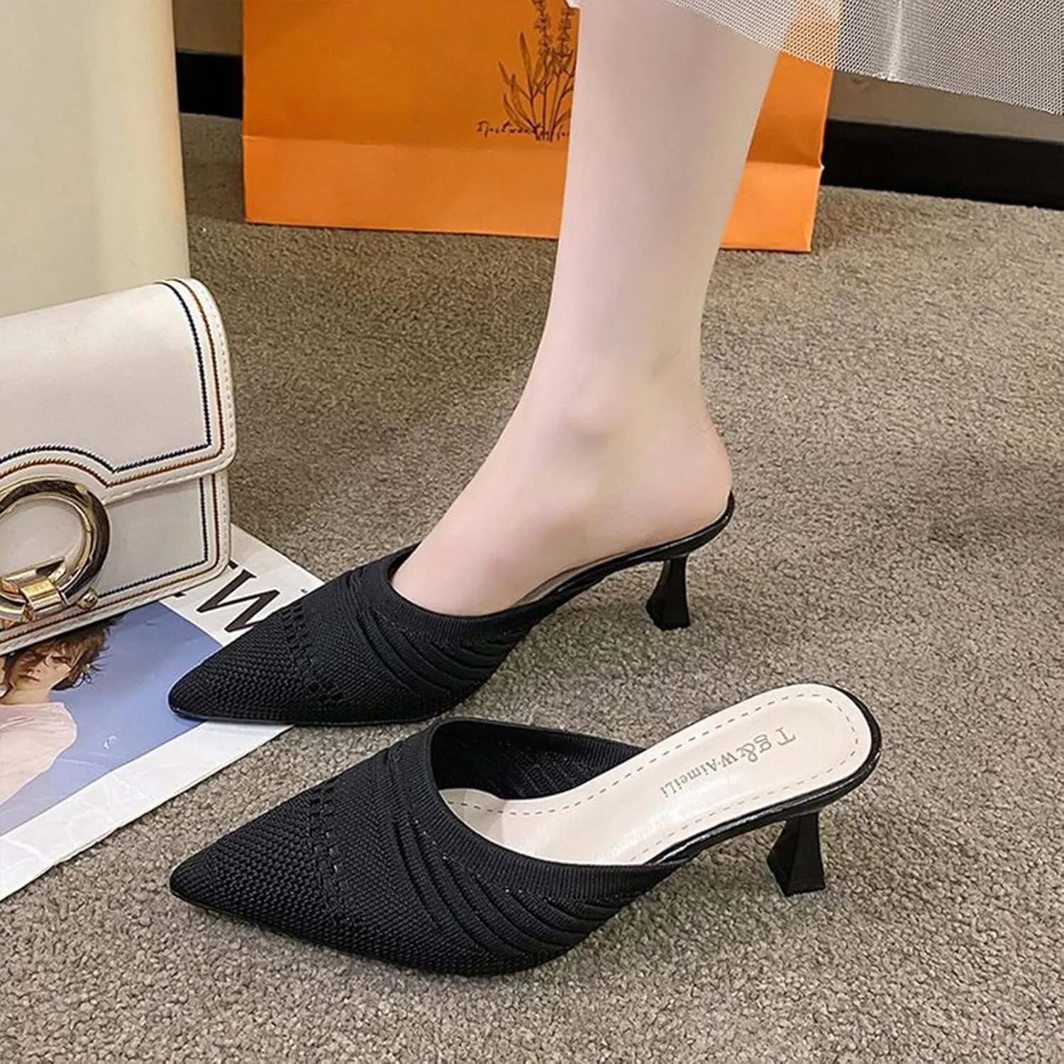Women's Knit Pointed Toe Kitten Heels Mules Comfort Breathable Mesh Closed Toe Open Back Stiletto Pumps Summer Daily Prom Party Slides