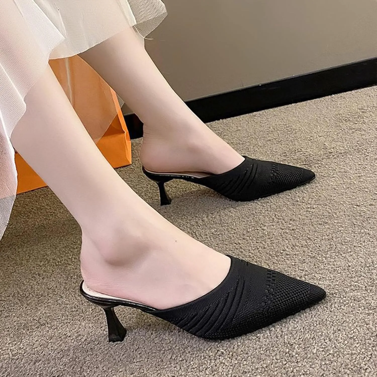 Women's Knit Pointed Toe Kitten Heels Mules Comfort Breathable Mesh Closed Toe Open Back Stiletto Pumps Summer Daily Prom Party Slides