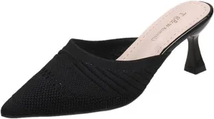 Women's Knit Pointed Toe Kitten Heels Mules Comfort Breathable Mesh Closed Toe Open Back Stiletto Pumps Summer Daily Prom Party Slides