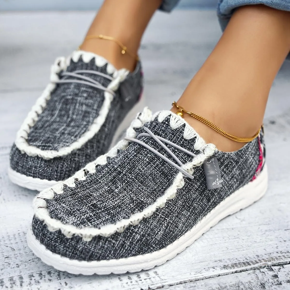 Womens Lace-Up Canvas Lightweight Boat Shoes Casual Comfortable Slip on Knit Loafers Outdoor Walking Low Top Wide Deck Shoes