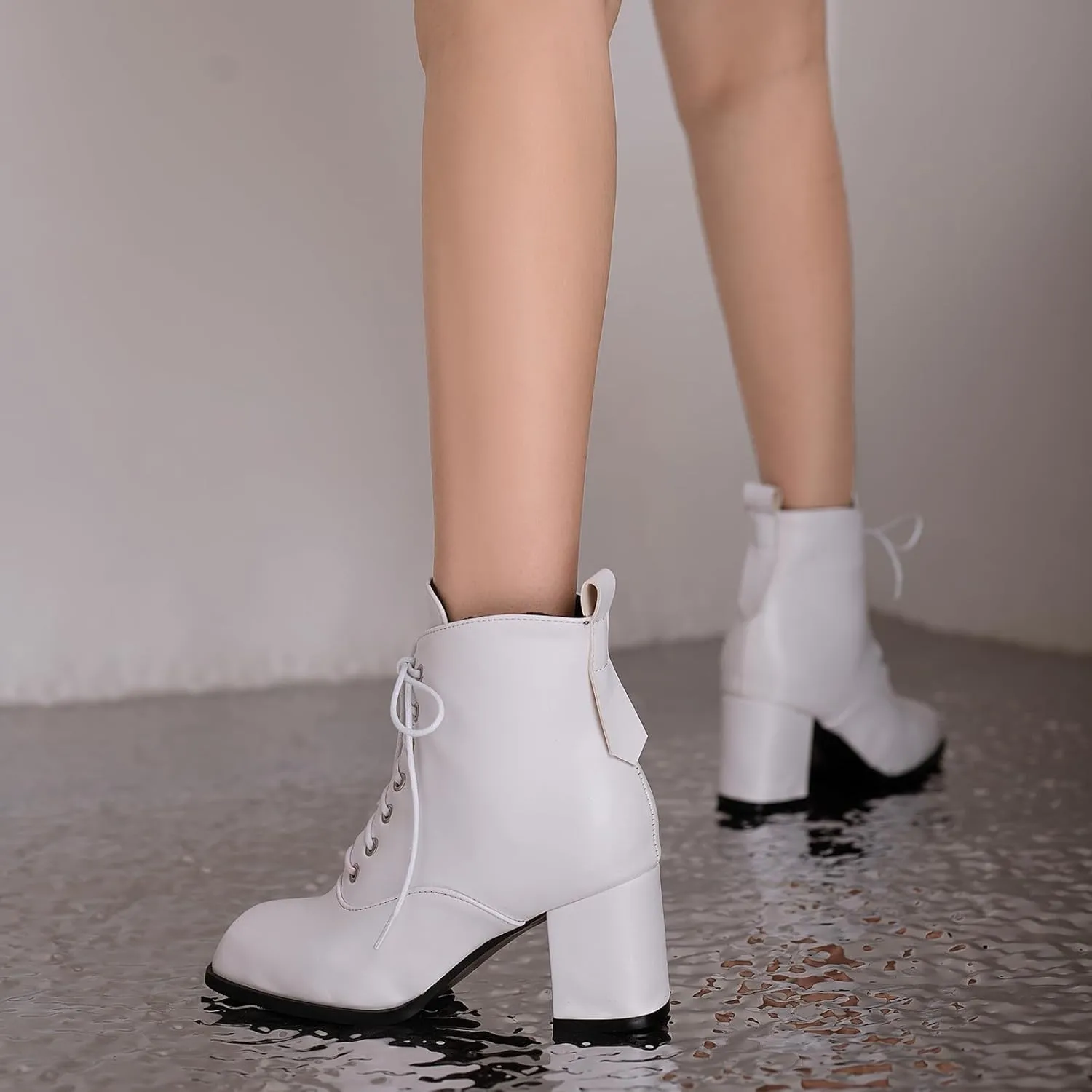 Women's Lace up Zipper Ankle Boots Chunky Heel Booties Retro Combat Boots