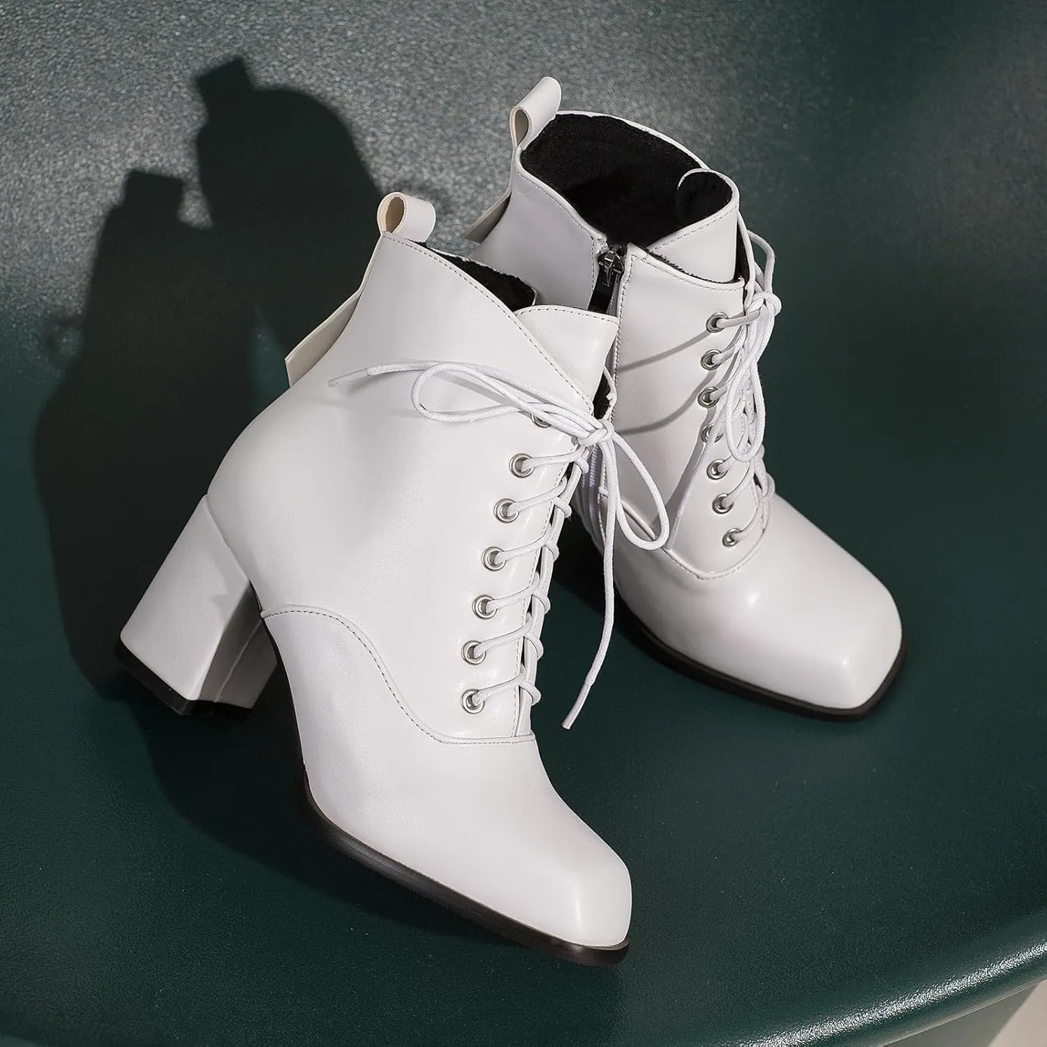 Women's Lace up Zipper Ankle Boots Chunky Heel Booties Retro Combat Boots