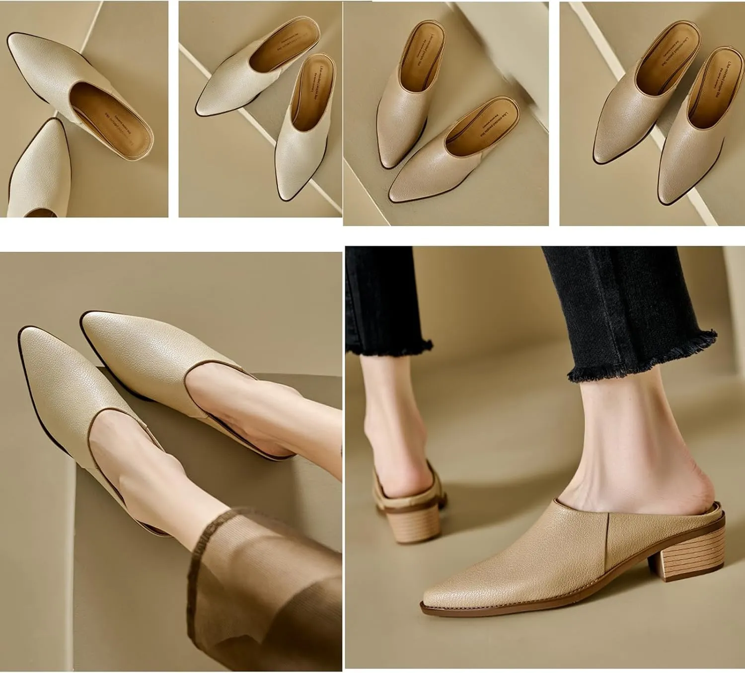 Women's Leather Block Heel Closed Toe Slip-On Mules, Retro Pointed Toe Fashion Office Slippers