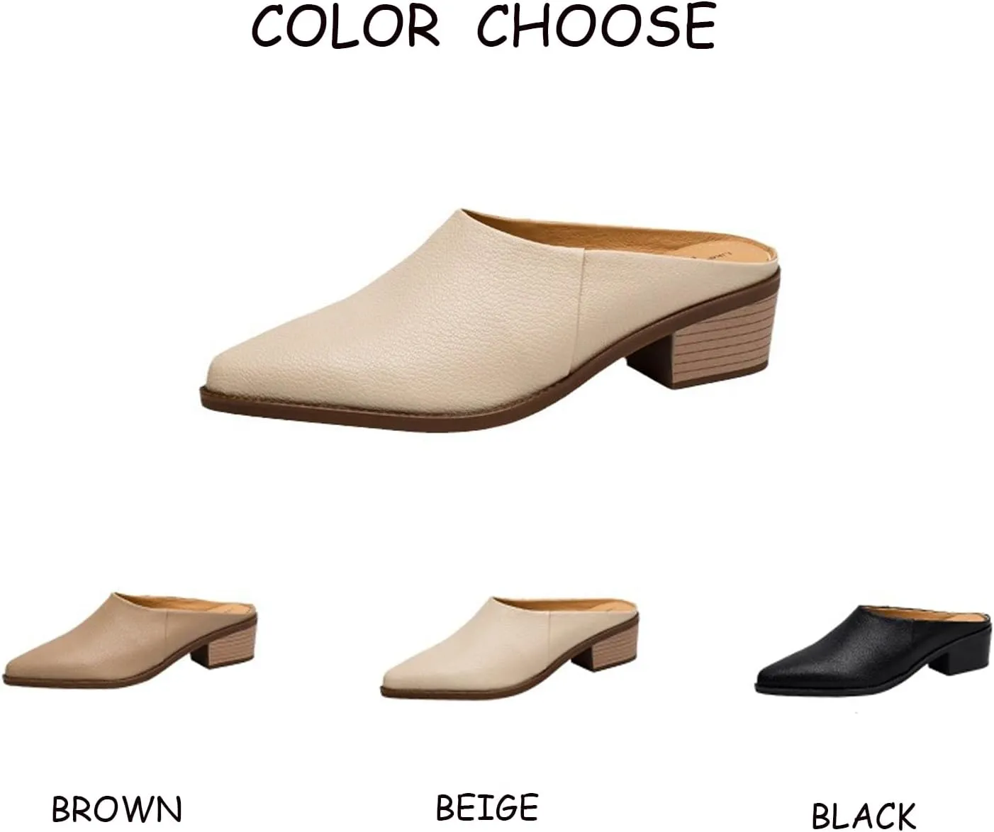 Women's Leather Block Heel Closed Toe Slip-On Mules, Retro Pointed Toe Fashion Office Slippers