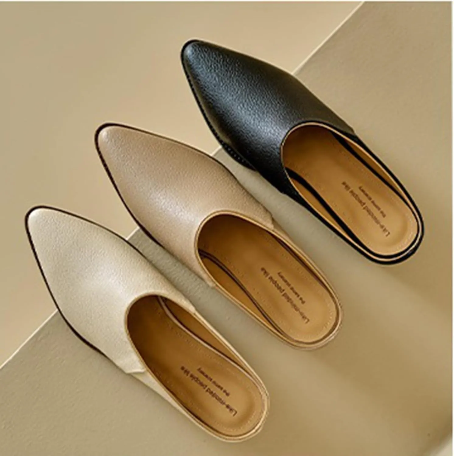 Women's Leather Block Heel Closed Toe Slip-On Mules, Retro Pointed Toe Fashion Office Slippers