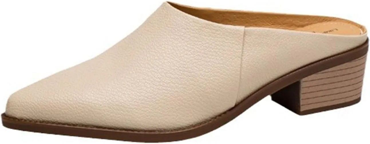 Women's Leather Block Heel Closed Toe Slip-On Mules, Retro Pointed Toe Fashion Office Slippers