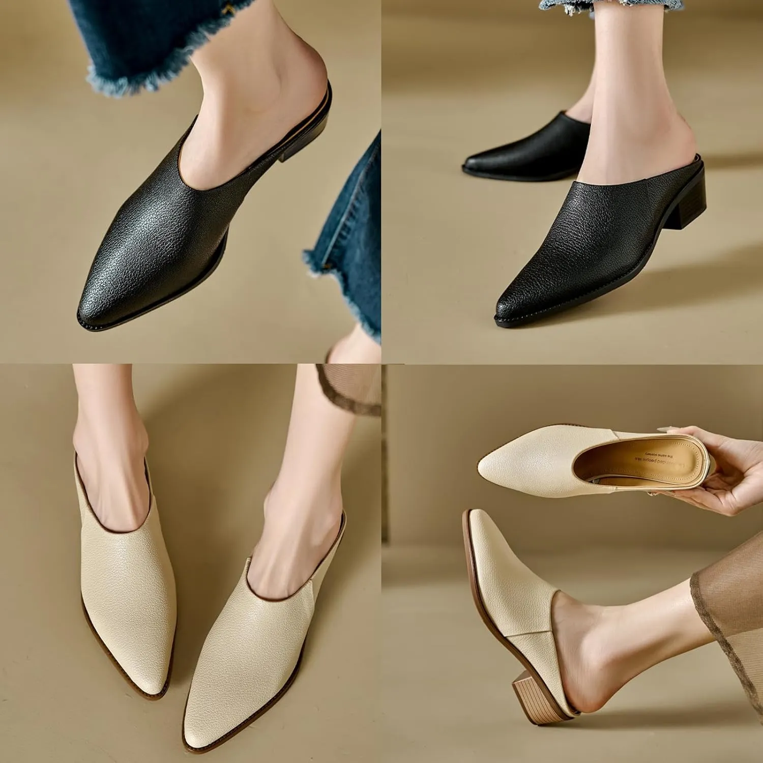Women's Leather Block Heel Closed Toe Slip-On Mules, Retro Pointed Toe Fashion Office Slippers