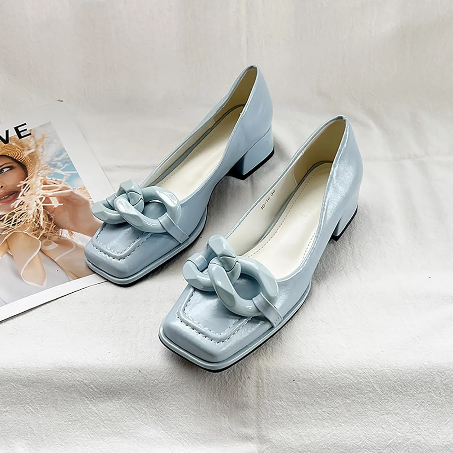 Women's Leather Chain Slip-On Low Block Heel Pumps Comfortable Closed Square Toe Chunky Heels Dress Loafers Casual Dressy Business Office Work Shoes