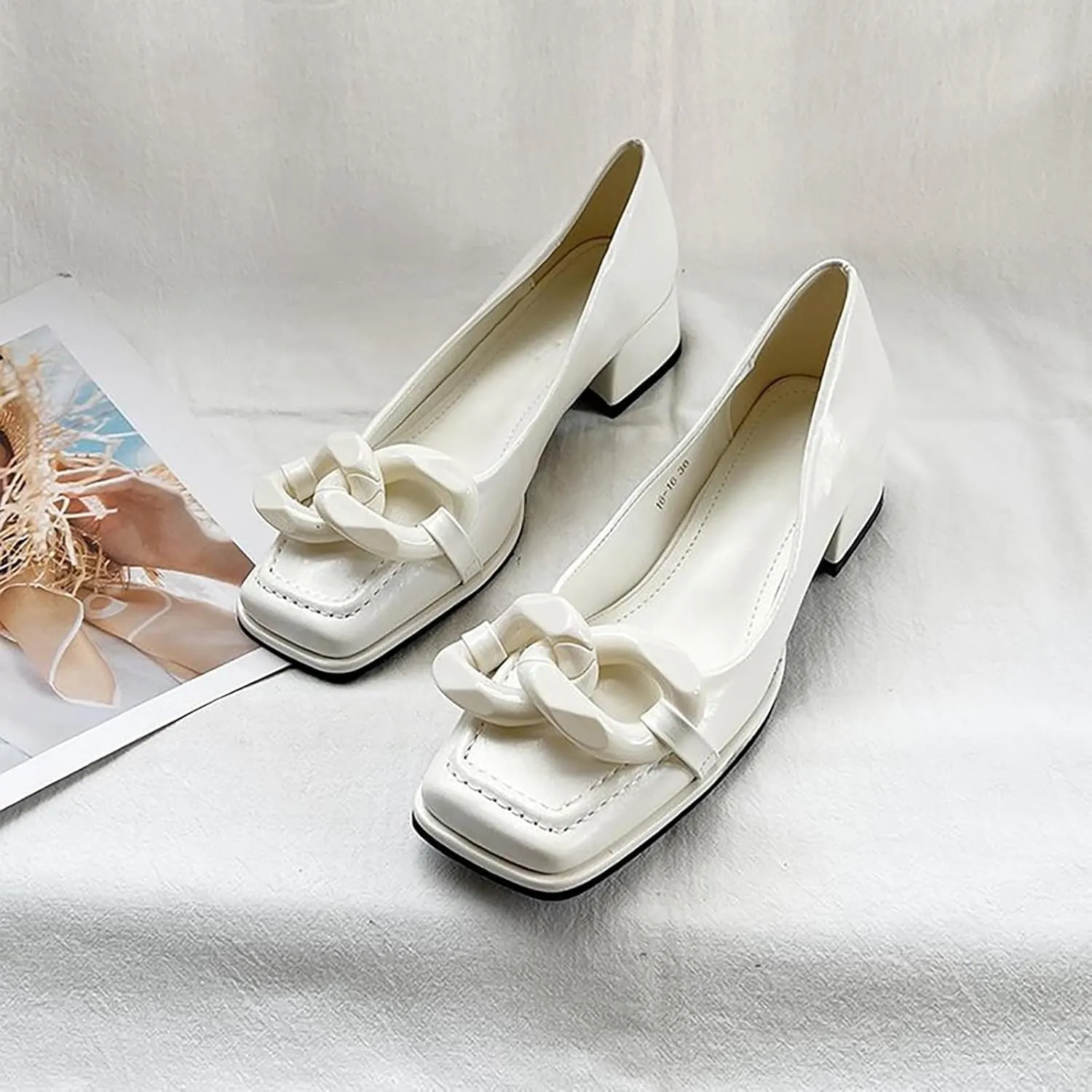 Women's Leather Chain Slip-On Low Block Heel Pumps Comfortable Closed Square Toe Chunky Heels Dress Loafers Casual Dressy Business Office Work Shoes