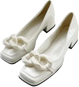 Women's Leather Chain Slip-On Low Block Heel Pumps Comfortable Closed Square Toe Chunky Heels Dress Loafers Casual Dressy Business Office Work Shoes