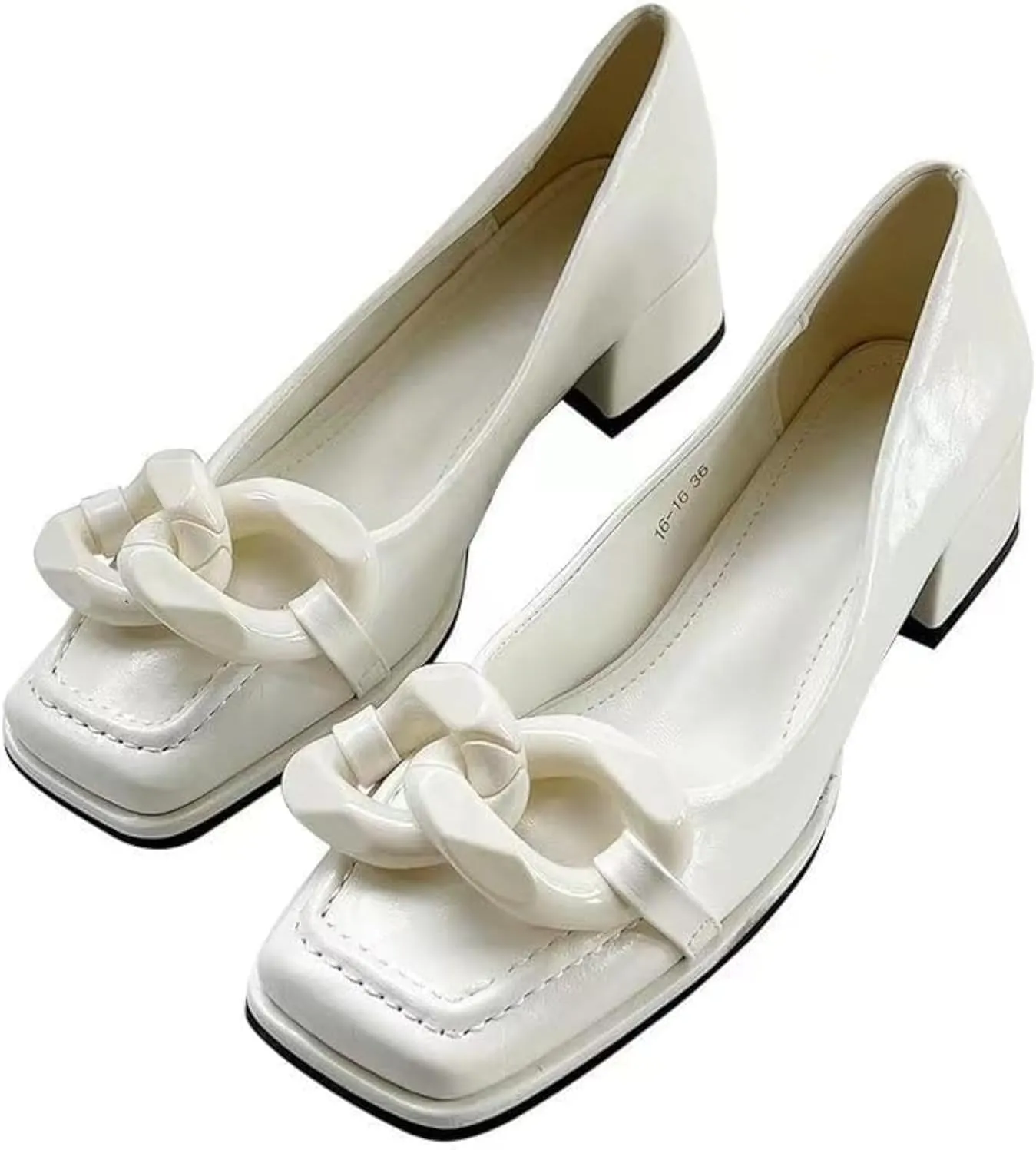 Women's Leather Chain Slip-On Low Block Heel Pumps Comfortable Closed Square Toe Chunky Heels Dress Loafers Casual Dressy Business Office Work Shoes