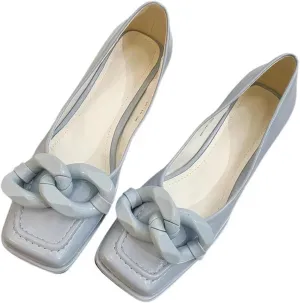 Women's Leather Chain Slip-On Low Block Heel Pumps Comfortable Closed Square Toe Chunky Heels Dress Loafers Casual Dressy Business Office Work Shoes