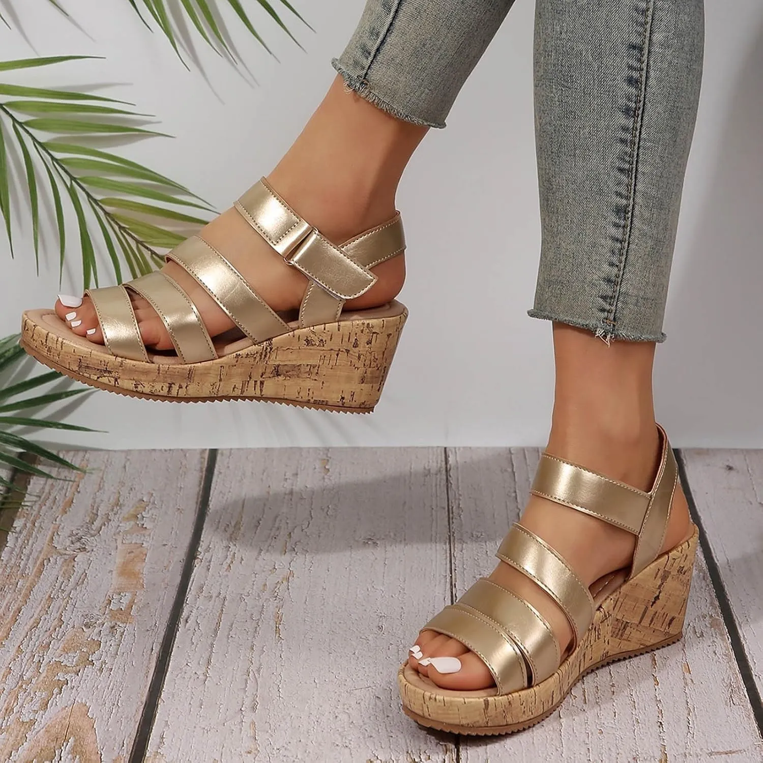 Women's Leather Cork Strappy Wedge Sandals Platform Sandal Dressy Wide Orthopedic Arch Support Open Toe Walking Shoes Heels with Shoes Hollow Out Travel Beach Comfort Slingback Casual Flat