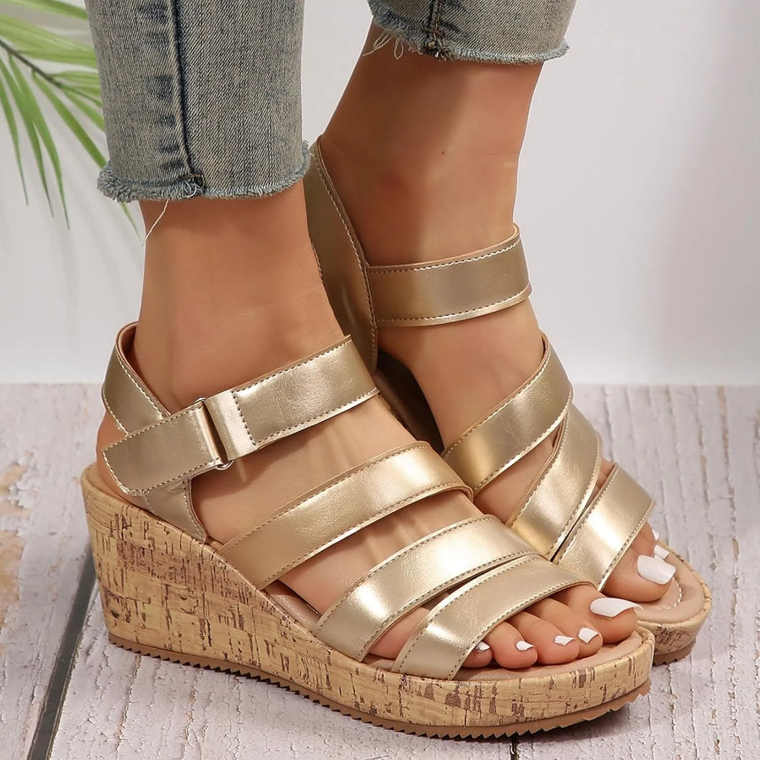 Women's Leather Cork Strappy Wedge Sandals Platform Sandal Dressy Wide Orthopedic Arch Support Open Toe Walking Shoes Heels with Shoes Hollow Out Travel Beach Comfort Slingback Casual Flat