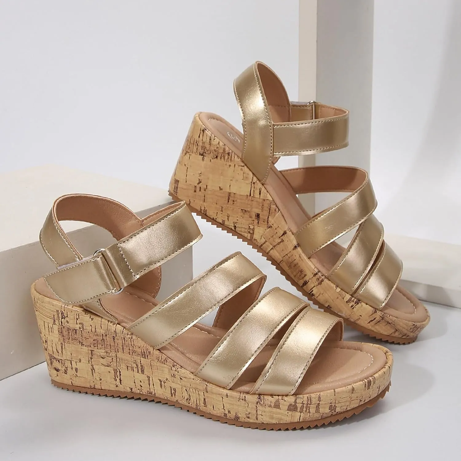 Women's Leather Cork Strappy Wedge Sandals Platform Sandal Dressy Wide Orthopedic Arch Support Open Toe Walking Shoes Heels with Shoes Hollow Out Travel Beach Comfort Slingback Casual Flat