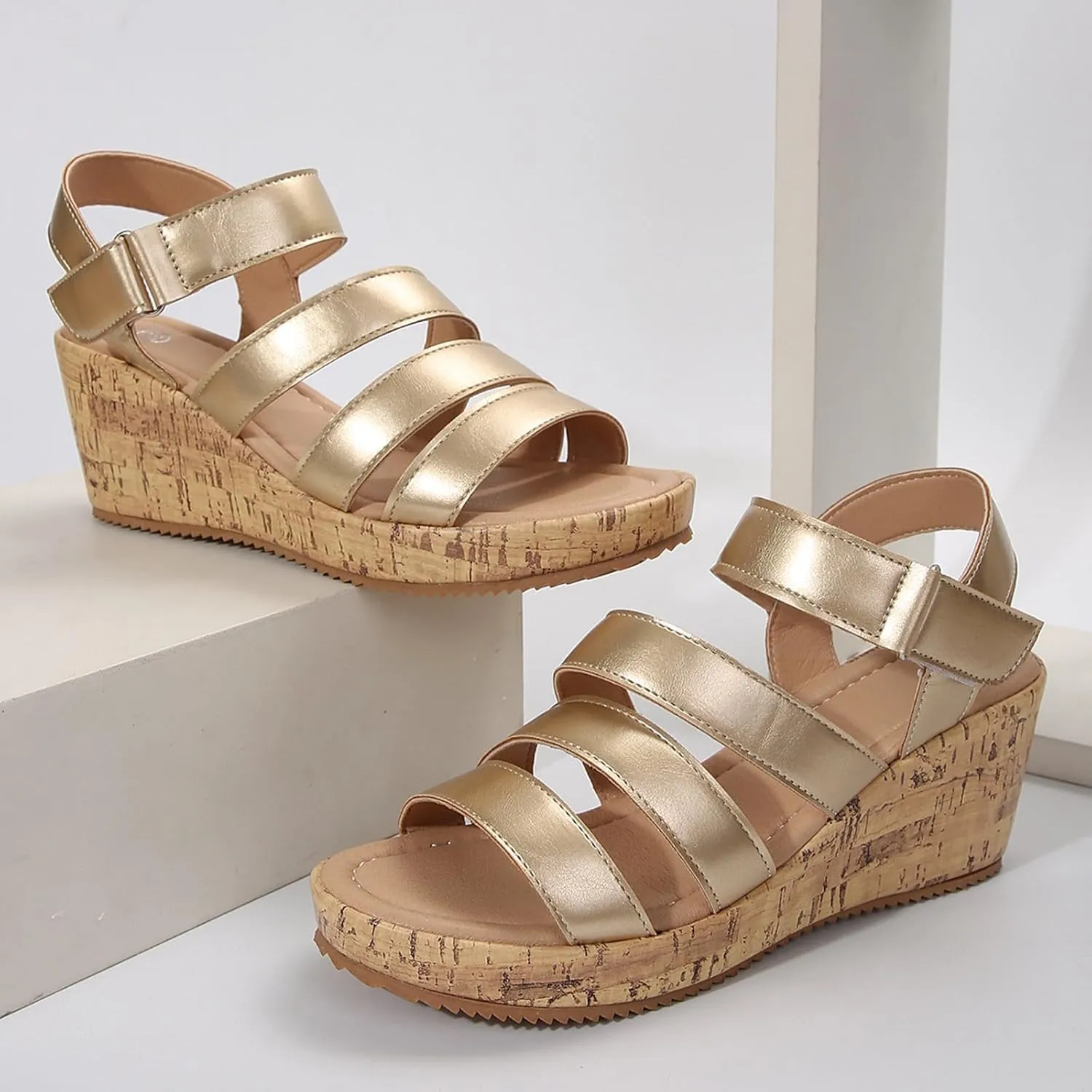 Women's Leather Cork Strappy Wedge Sandals Platform Sandal Dressy Wide Orthopedic Arch Support Open Toe Walking Shoes Heels with Shoes Hollow Out Travel Beach Comfort Slingback Casual Flat
